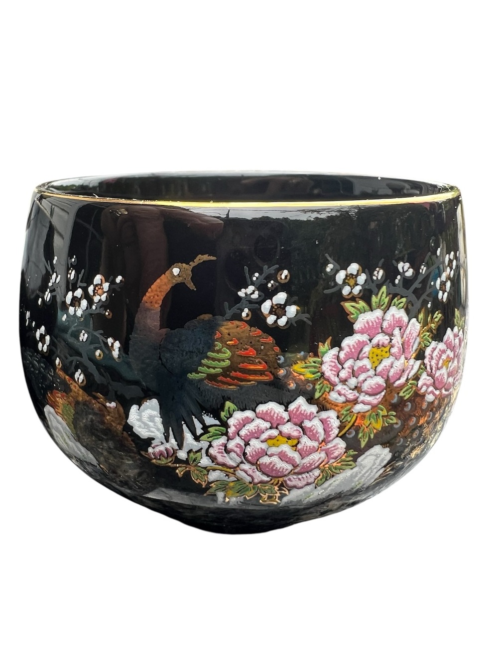 Japanese Tea/Sake Cups Black W/ Metallic Florals & Gold Trim, Peacocks Set Of  3